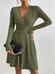 SHEIN Essnce Casual Solid Ribbed Knit Long Sleeve Dress, Autumn - Army Green - View 3