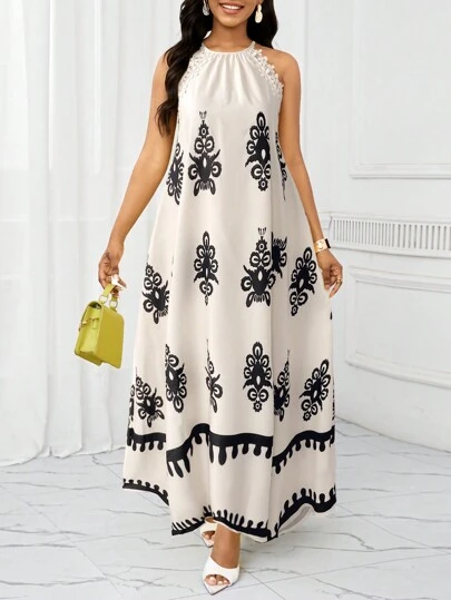 SHEIN Lady 女士优雅印花蕾丝边长款露背连衣裙