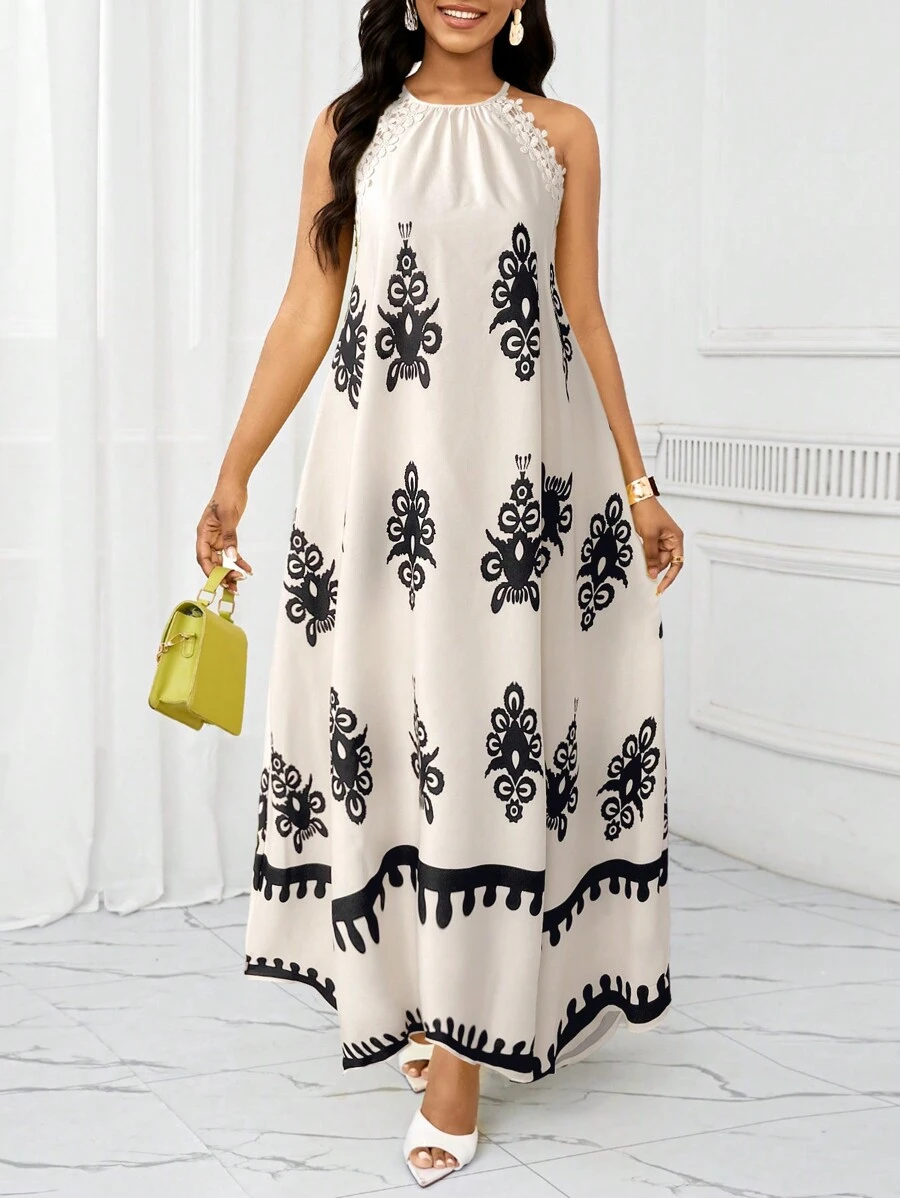 SHEIN Lady 女士优雅印花蕾丝边长款露背连衣裙 - 白色 - 查看 1