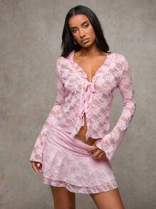 SHEIN BAE 黑色性感蕾丝甜美荷叶边前系带透视上衣，适合女性/秋季女性/西部/牛仔风格 - 淺粉色 - 查看 5