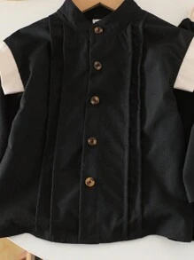 SHEIN 斋月年轻男孩国庆节 Abaya Kaftan Jalabiya 束腰外衣，斋月传统保守服装，搭配前开襟衬衫 + 白色和卡其色拼色短裤，保守舒适时尚百搭 2 件套，适合宴会和家庭聚会 - 黑色 - 查看 5