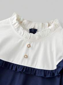 Ontre Tween Girl Casual Contrast Color Ruffle Hem Long Sleeve Dress - Navy Blue - View 3