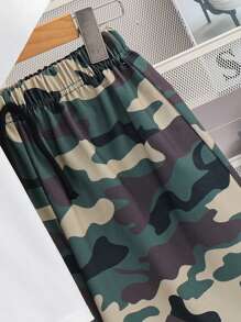 SHEIN 2 件套青少年男孩休闲百搭熊迷彩印花图案圆领宽松 T 恤和迷彩短裤套装，适合学校、花园、海滩、生日、春季、夏季、秋季、冬季 - 彩色 - 查看 5