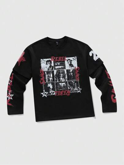 Street Life T-shirt 2 en 1 avec imprimé portrait homme, mode minimaliste décontractée pour le port quotidien