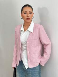 Flirla Áo khoác ngoài giản dị nhiều túi tối giản dành cho nữ - Hồng - Xem 5