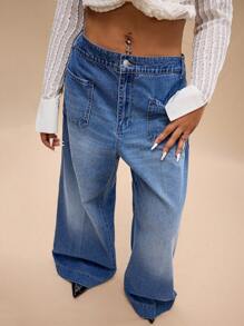 Forever 21 Plus Size Women Distressed Wide Leg Denim Jeans - Medium Wash - View 5