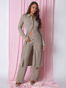 COSMINA 2 bộ đồ thường ngày cho nữ áo dài tay cài nút màu trơn phía trước và quần dài - Xám - Xem 1