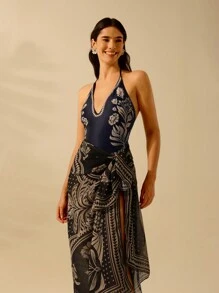 CAJUNI Women's Boho Apricot Floral Print Backless Tied Halter One-Piece Swimsuit, Casual Beach Vacation Summer - Black - View 7