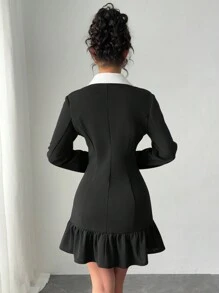 Chiquease Basic Black & White Contrast Pearl Button Decor Long Sleeve Mini Dress For Women - Black and White - View 2