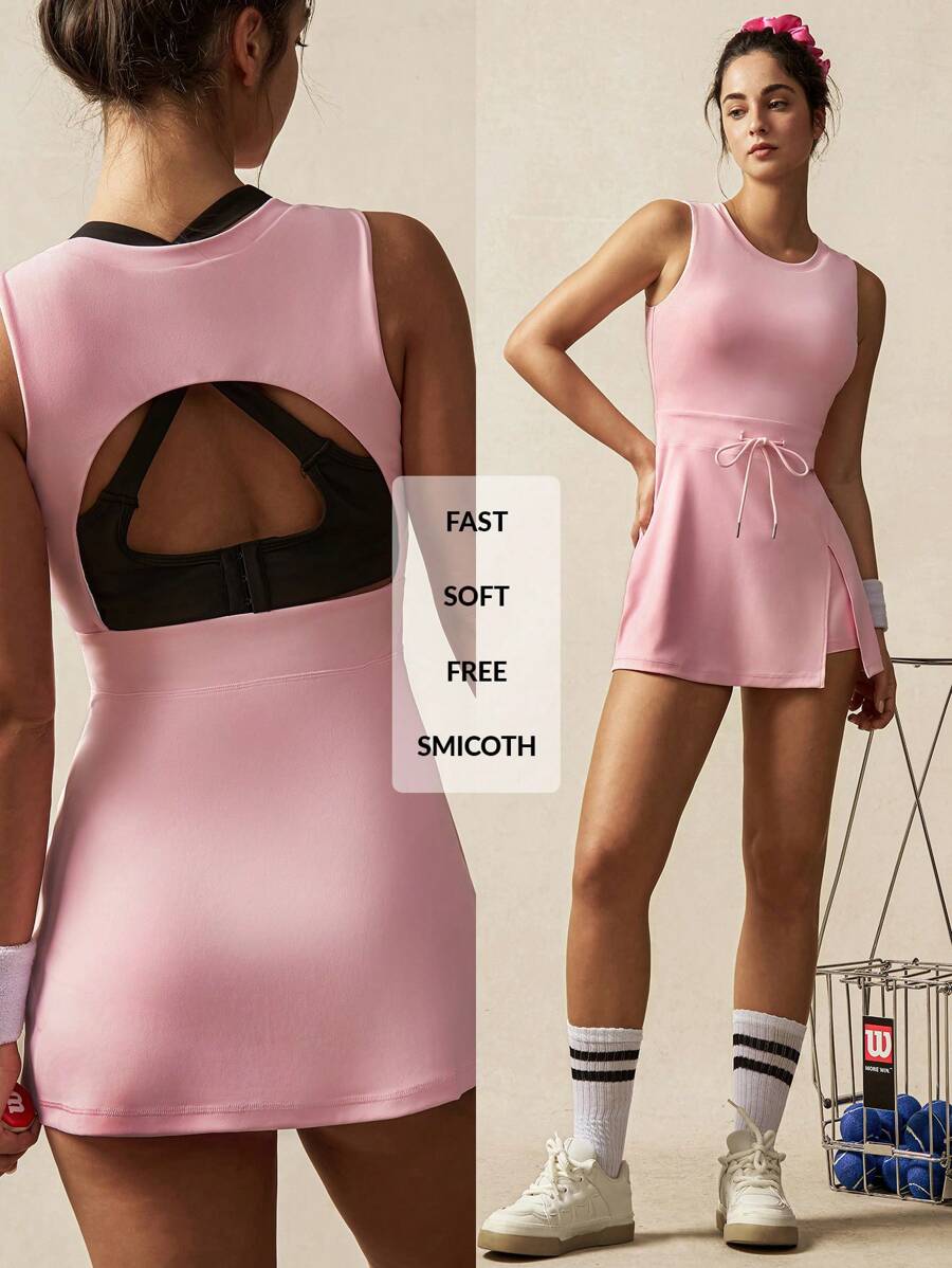 Menodora SHEIN Sport Round Neck Sleeveless Slit Waist Mini Women Active Athletic Dresses - Baby Pink - View 1