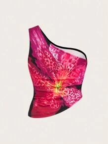 Opulessa Blusa de punto con estampado floral, bajo asimétrico y calado, sexy para vacaciones, fiestas en la playa y primavera-verano - Multicolor - Ver 8