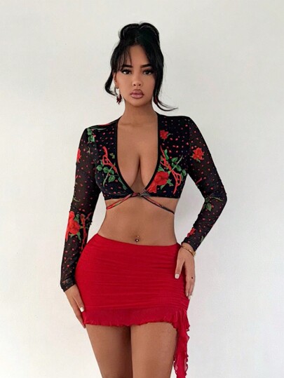 SHEIN SXY Women's Floral Print Deep V-Neck Super Short Long Sleeve Crop Top,Sexy Tops,Rose,Valentine's Day,Long Sleeve,Crop Tops