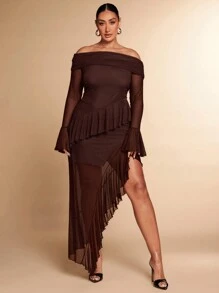 SHEIN BAE Plus Size Women's Spring Autumn Winter Solid Black Mesh Tulle One Shoulder Ruffle Decoration High Slit Hem Long Dress, Elegant Sexy Dress, Sweet Dress, Romantic Date Dress, Valentine's Day Dress, New Year Dress, Festival Dress, Party Dress - Coffee Brown - View 5
