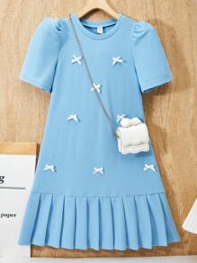 SHEIN 1pc Tween Girls 3D Bow Decor Short Sleeve Pleated Hem Dress, Loose Fit, Spring/Summer