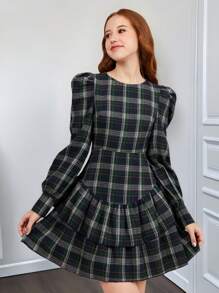 SHEIN 少女复古格子泡泡袖圣诞连衣裙 - 藍色 - 查看 5