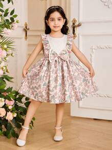 Glamorique Kids Young Girl Round Neck Floral Print Dress With Bow Decoration