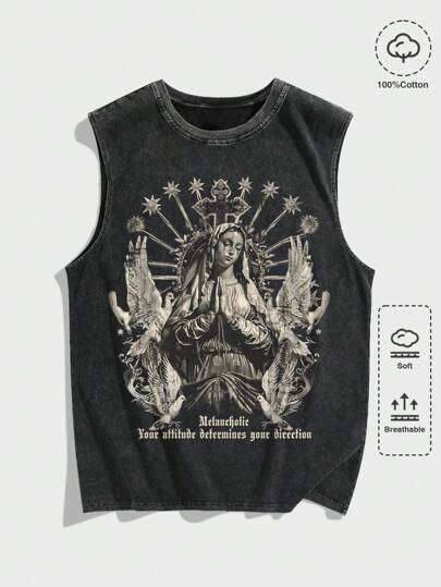 Goth Camiseta sin mangas con estampado de cruz gótica y Virgen María, lavado ácido desgastado, estilo gótico, para Halloween, estilo de los 2000