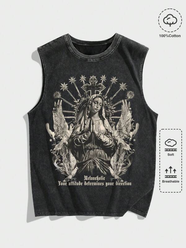 ROMWE MEN Goth Camiseta de tirantes gráfica de hombre con estampado distressed de cruz gótica y Virgen María, con lavado ácido