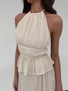 Aloruh Elegant Neck Tie Back Sexy Open Back Ruched Solid White Camisole
