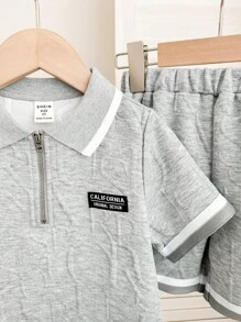 SHEIN Leap Crew 2 件装年轻男童休闲街头领拼布袖口拉链亨利衫和拼布短裤针织 2 件套 - 灰色 - 查看 7