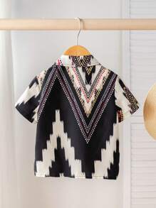 SHEIN Cardigan Kasual Lengan Pendek Berkerah Motif Tradisional untuk Bayi Laki-laki - MultiWarna - View 2