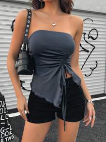INAWLY Top bandeau asimétrico con dobladillo asimétrico y cordón para mujer, diseño de primavera/verano - Gris - Ver 4
