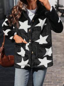 SHEIN LUNE Autumn/Winter Casual Color Block Star Pattern Fuzzy Hooded With Dual Pockets - Black - View 5