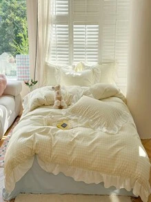 简约清新格子荷叶边羽绒被套装，秋季装饰，秋季装饰，房间装饰