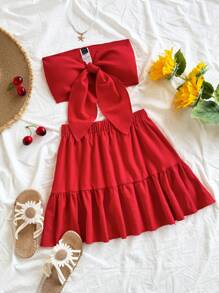 Soleia Conjunto de 2 piezas de blusa tubo y falda de unicolor casual para vacaciones