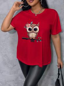 INAWLY Plus Size Round Neck Cartoon Print Short Sleeve Casual Tee