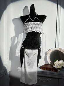 Lencería casual simple de unicolor con bordado de encaje para mujeres - Blanco - Ver 6