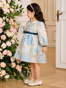 Glamorique Kids 年轻女孩公主长袖连衣裙，蓝色欧根纱搭配金色和银色金属提花面料，高端优雅正式派对礼服，适合欧洲和美国，豪华演出服 - 淺藍色 - 查看 6