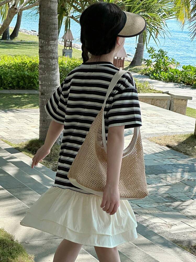 Tween Girls Striped Ribbed Crew Neck Short Sleeve Bow Print & Fish Hem Dress, Summer - Black and White - View 6
