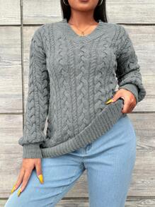 EURMUSE Plus Cable Knit Drop Shoulder Sweater, For Winter - Grey - View 1