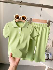2 peças/conjunto Menina Bebê Criança Pequena 0-3 Anos Casual Versátil Verde Impressão de Frutas Malha Canelada Gola Polo Manga Curta Top e Calça Flare Conjunto, Confortável para Casa e Passeios, Primavera/Verão - Verde - Visão 3