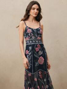 Anewsta 优雅花卉网络拼接印花V领美人鱼下摆细肩带连衣裙，适合情人节、夏季海滩度假、新年装 - 藍色 - 查看 5