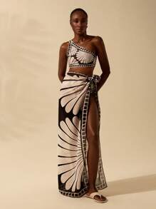 CAJUNI Váy sarong đi biển in họa tiết vỏ sò màu đen và màu mơ Bohemian dành cho nữ, phong cách nghỉ dưỡng thường ngày, mùa hè - màu đen - Xem 7