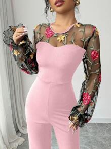 Elenzga Combinaison élégante pour femmes avec manches lanternes, patchwork de maille brodée de fleurs, pour soirée