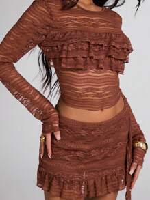 SHEIN BAE Traje elegante de dos piezas, encaje de pastel, color marrón, ropa de verano, para uso diario, citas, viajes, discoteca, fiesta, trajes de encaje elegantes, atuendos de club para mujer, disfraces de Halloween, atuendos de playa para mujer, vestido de Día de San Valentín, conjunto de verano de dos piezas