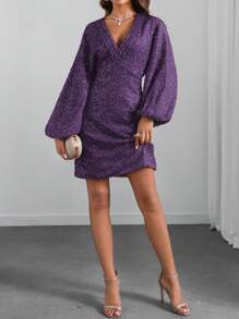 SHEIN Clasi Đầm dự tiệc ngắn hở vai cổ chữ V đính sequin vàng thu/đông cho nữ màu đỏ tía - Màu tím - Xem 3