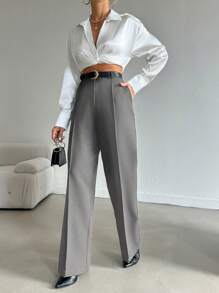 EURMUSE Women's Solid Color Front Button Straight Leg Casual Pants, Daily Wear - Light Grey - View 3