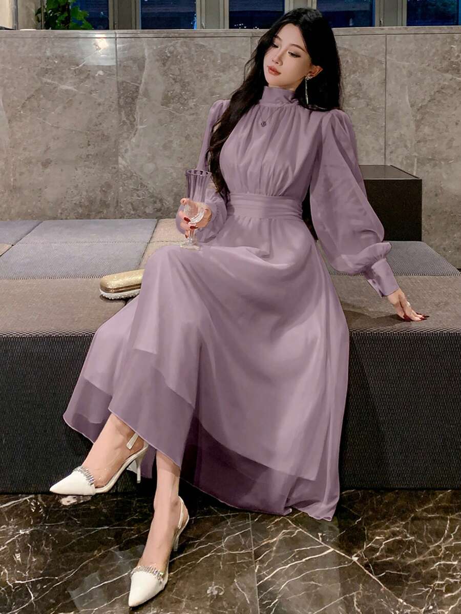 DAZY 女士派对和约会系带宽松中长连衣裙、秋季连衣裙长袖连衣裙 - 淡紫色 - 查看 1