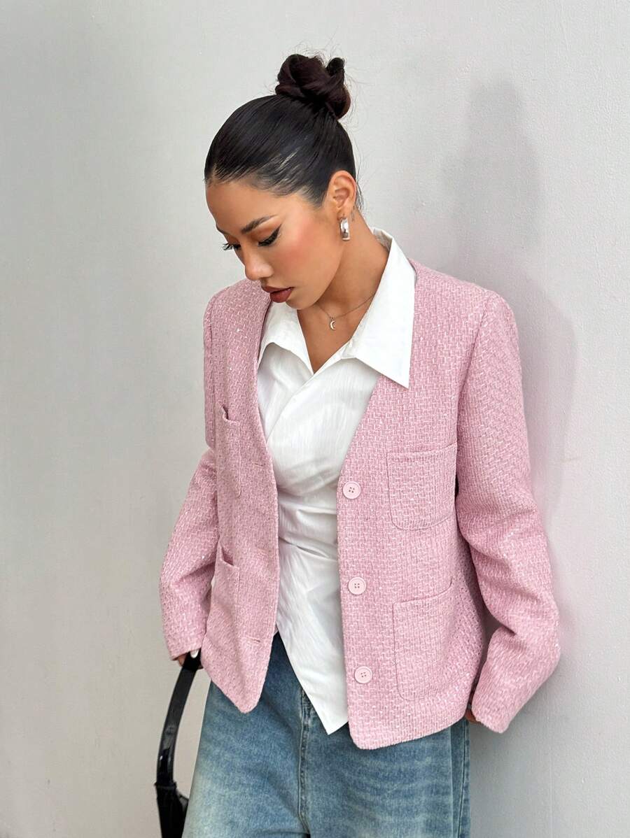 Flirla Áo khoác ngoài giản dị nhiều túi tối giản dành cho nữ - Hồng - Xem 1