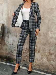 EMERY ROSE Women's Plaid Print Long Sleeve Blazer And Trouser Suit Set - Navy Blue - View 6