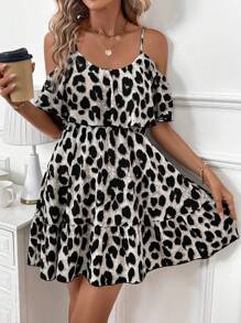 SHEIN Clasi Women's Leopard Print Shoulder Strap Ruffle Hem Strap Dress For Autumn Outing - Grey - View 1