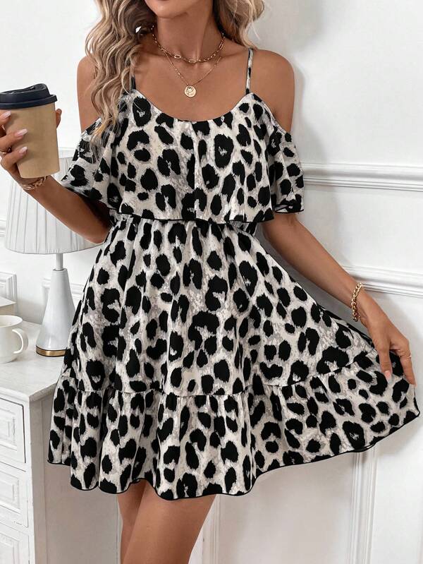 SHEIN Clasi Rochie de damă cu curea de umăr cu imprimeu leopard, cu volane, pentru ieșirea de toamnă