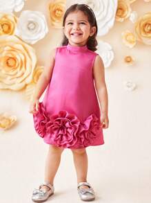 SHEIN Váy cưới bằng vải satin trơn không tay dệt họa tiết hoa 3D thanh lịch cho bé gái - Màu Hồng Tươi - Xem 6