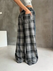 SHEIN EZwear Pantalones vaqueros rectos y sueltos con diseño de lazo de cintura a cuadros, apropiados para uso diario - Azul - Ver 3