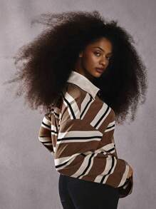 Athîral Women's Earthy Brown Striped Polo Collar Sweatshirt: Casual Long Sleeve Top In Fall/Winter - Coffee Brown - View 4