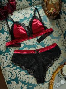 Women's Contrast Lace Bowknot Decor Sexy Lingerie Set - Burgundy - View 8